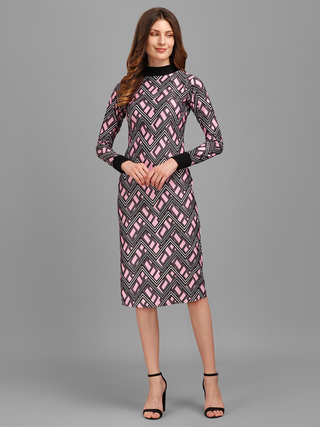 

PURVAJA Purple & Black Geometric Print High Neck Bodycon Dress