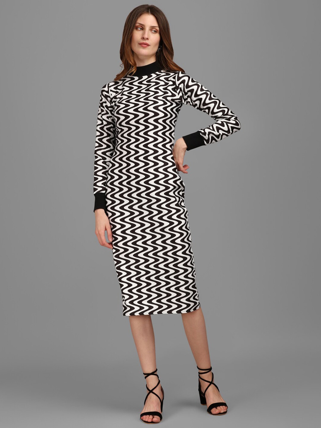 

PURVAJA Black Printed with Wavy patterned Bodycon Dress