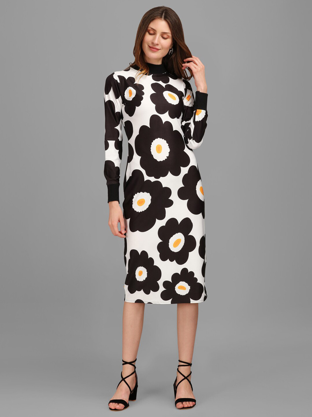

PURVAJA White & Black Floral Print Bodycon Midi Dress