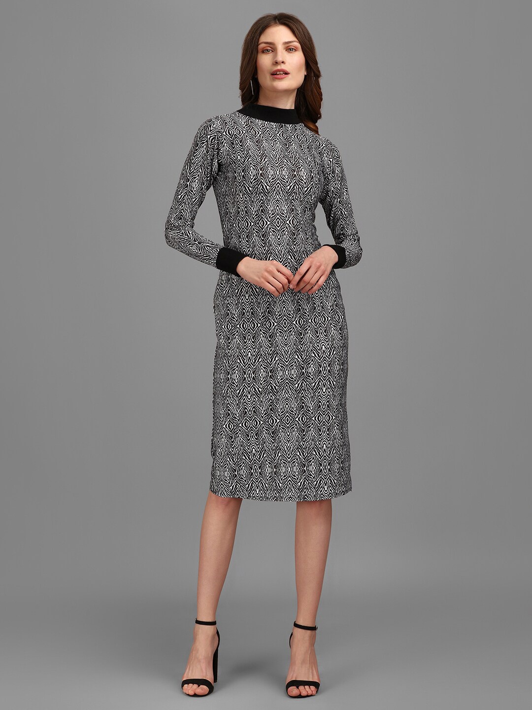 

PURVAJA Black Printed High Neck Sheath Dress