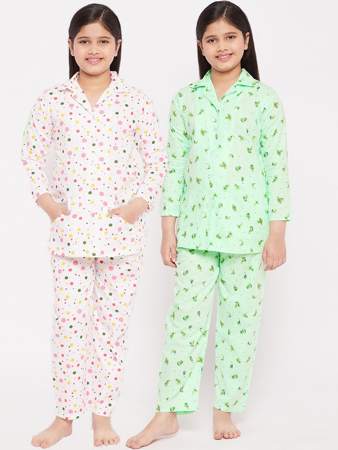 

KYDZI Girls Green & White Printed Night suit