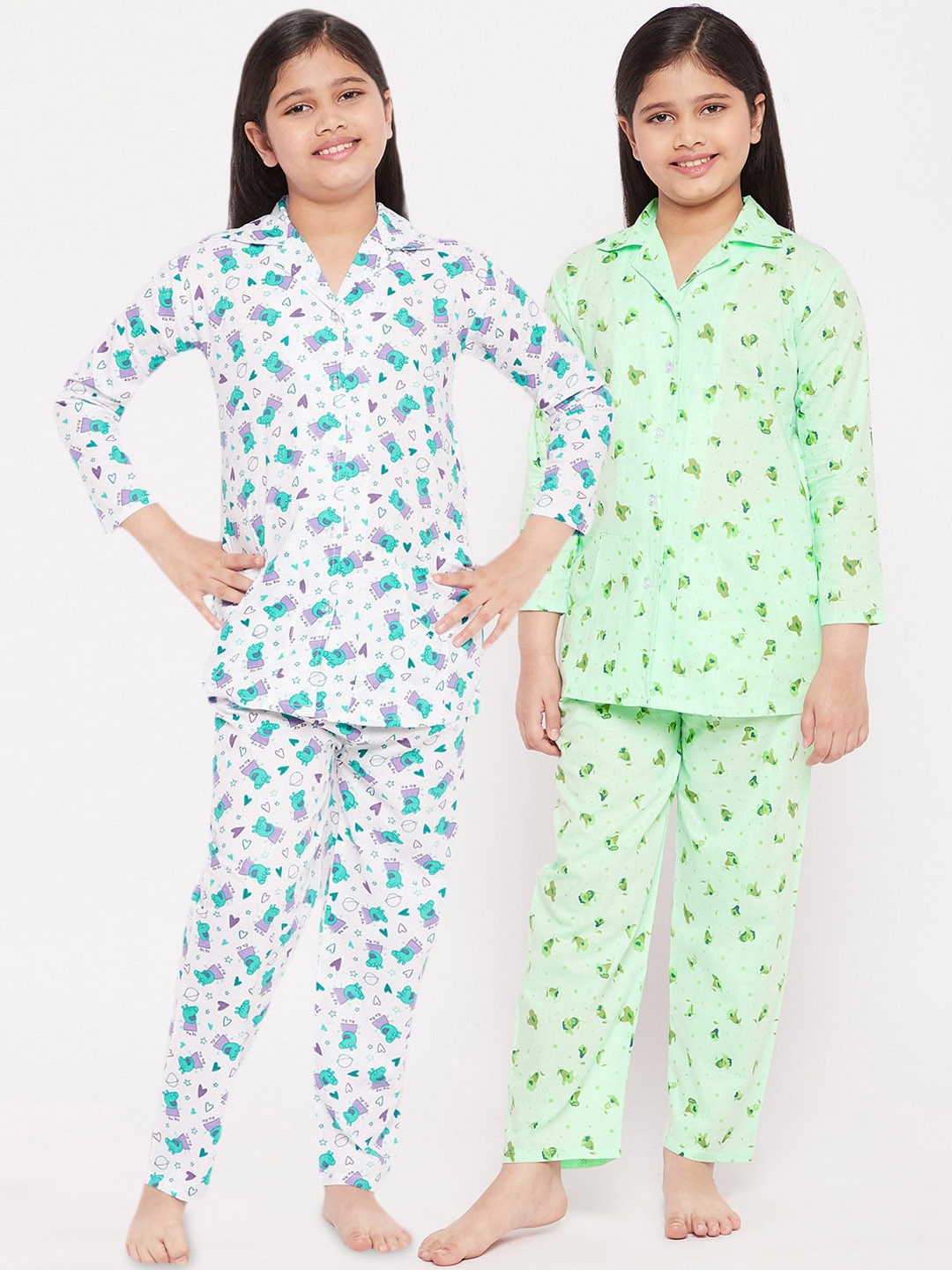 

KYDZI Girls Green & White Printed Night suit