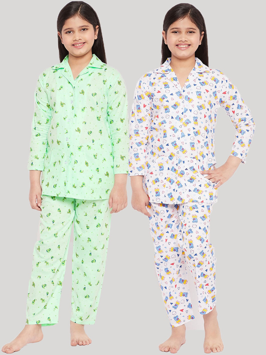 

KYDZI Girls White & Green Printed Night suit