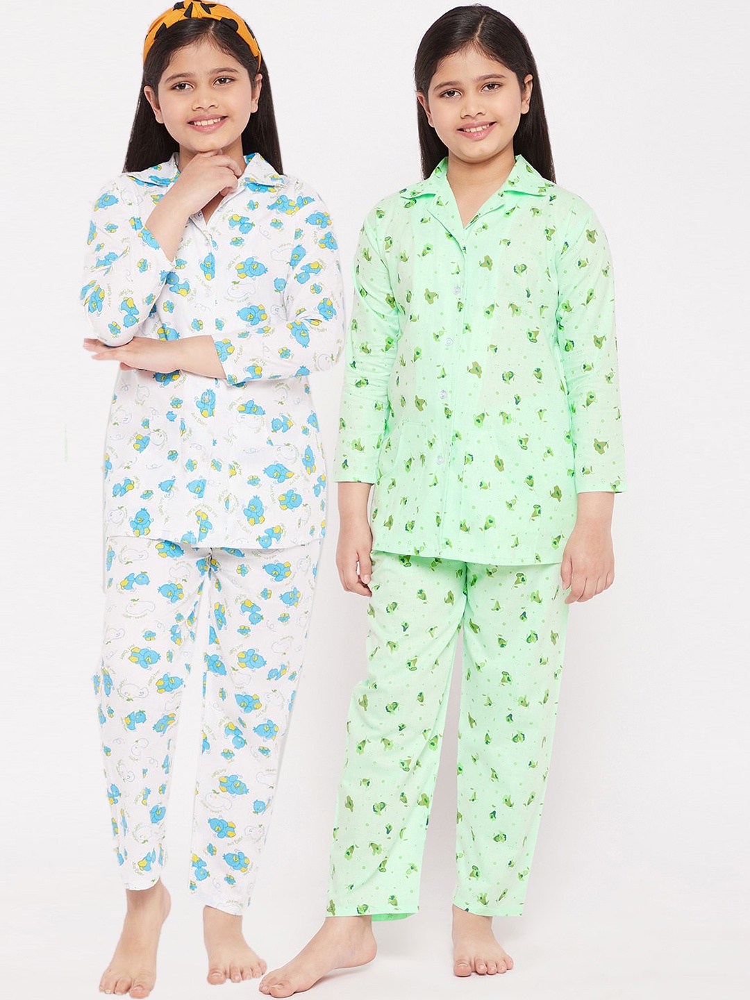 

KYDZI Girls Green & White Printed Night suit