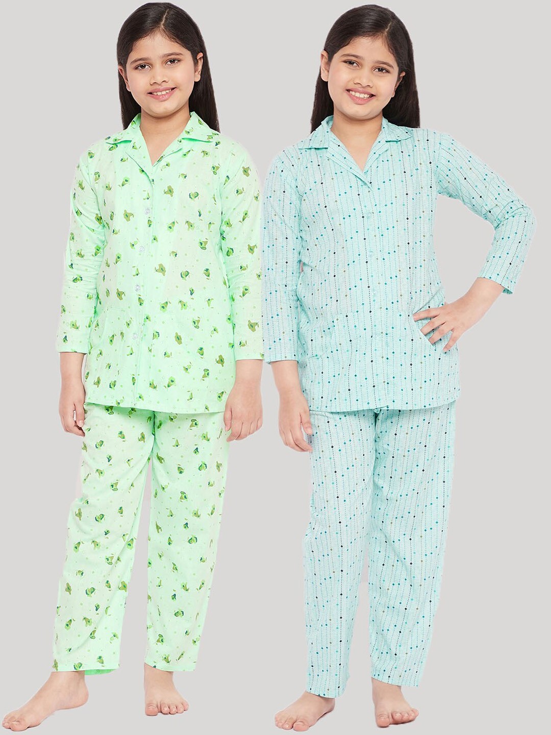 

KYDZI Girls Green & Blue Printed Night suit