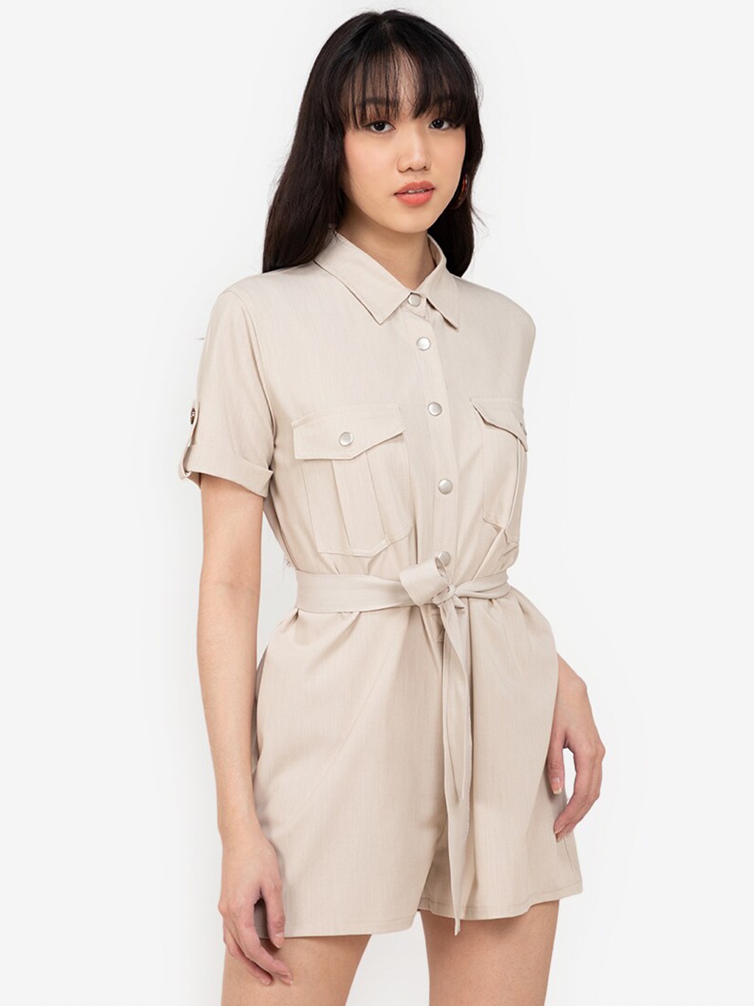 

ZALORA BASICS Cream-Coloured Tie Up Waist Cargo Playsuit