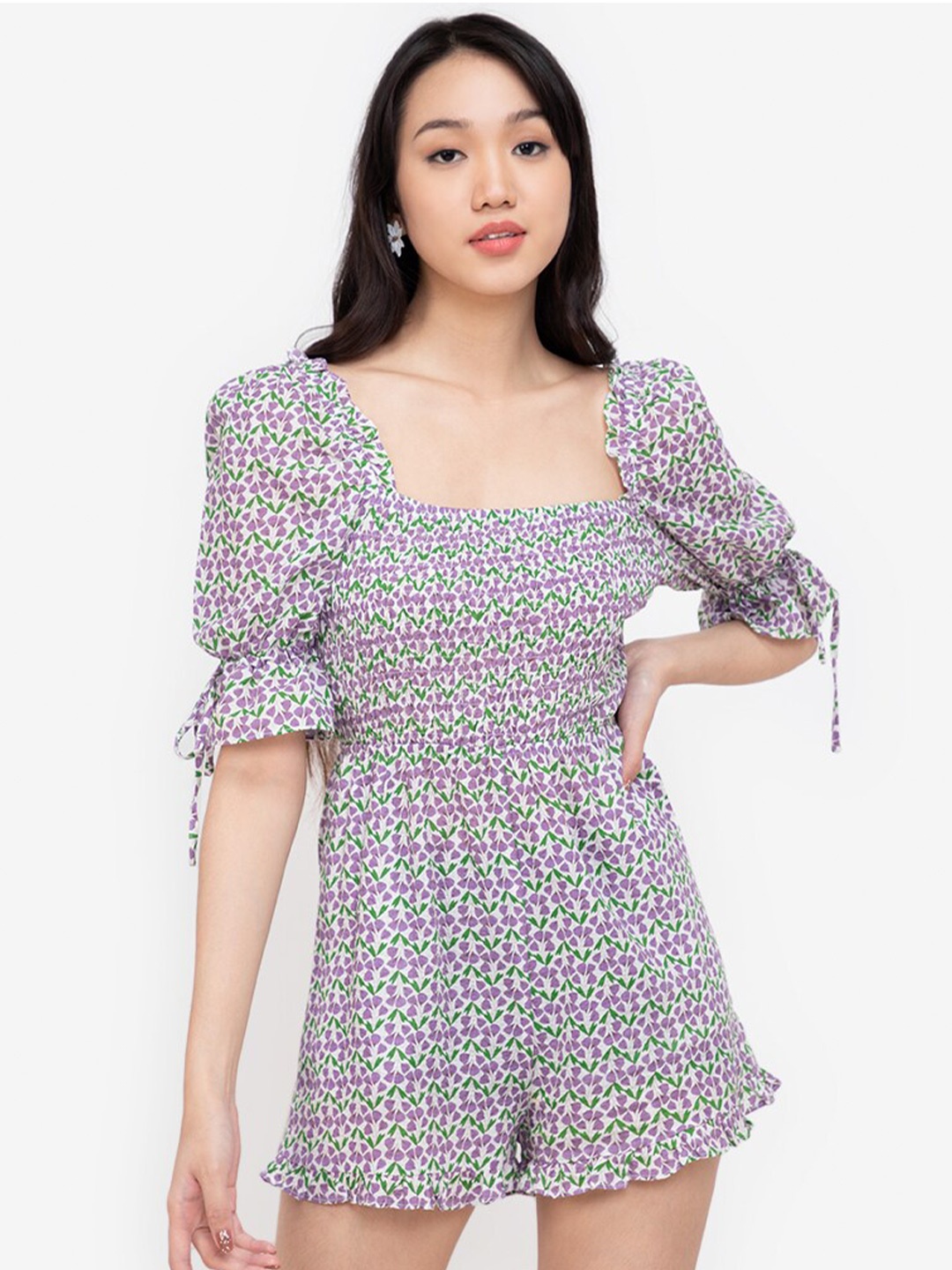 

ZALORA BASICS White & Purple Printed Jumpsuit
