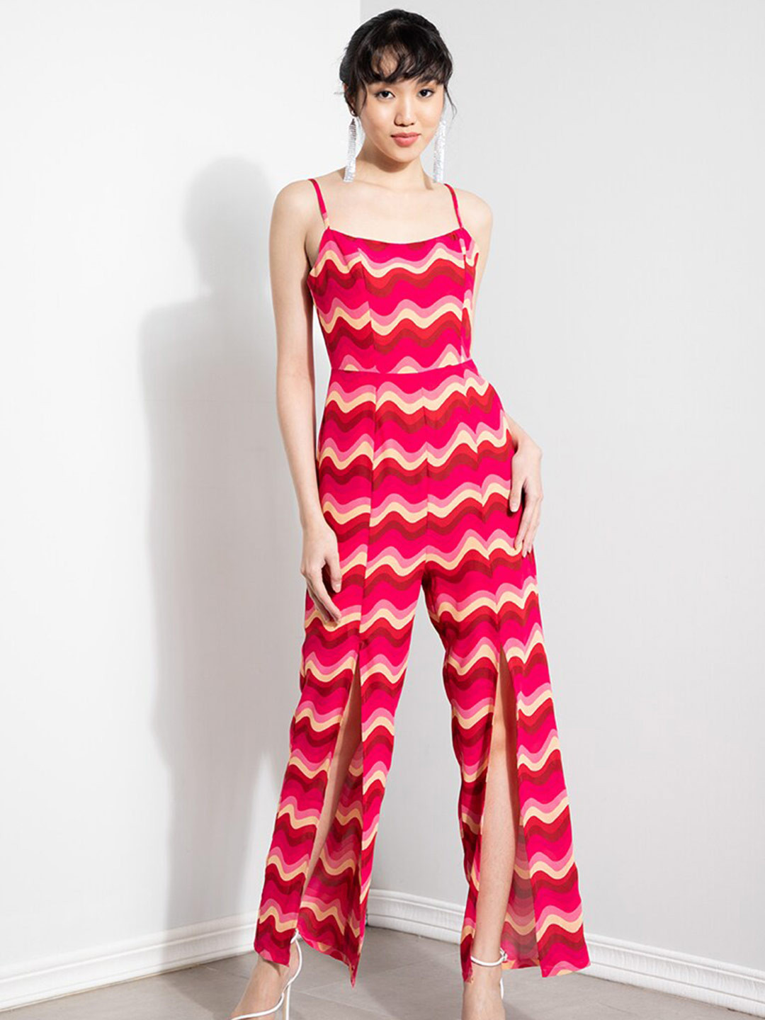 

ZALORA OCCASION Women Pink & Yellow Printed Shoulder Straps Basic Jumpsuit