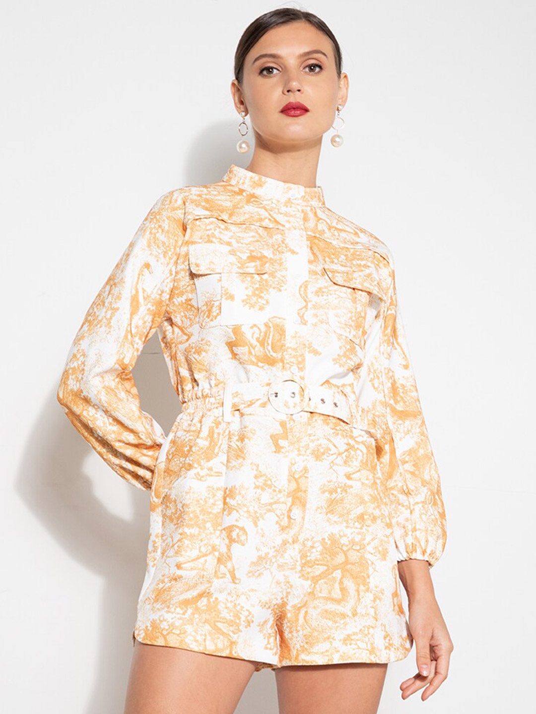 

ZALORA OCCASION White & Yellow Waist Tie Up Printed Playsuit
