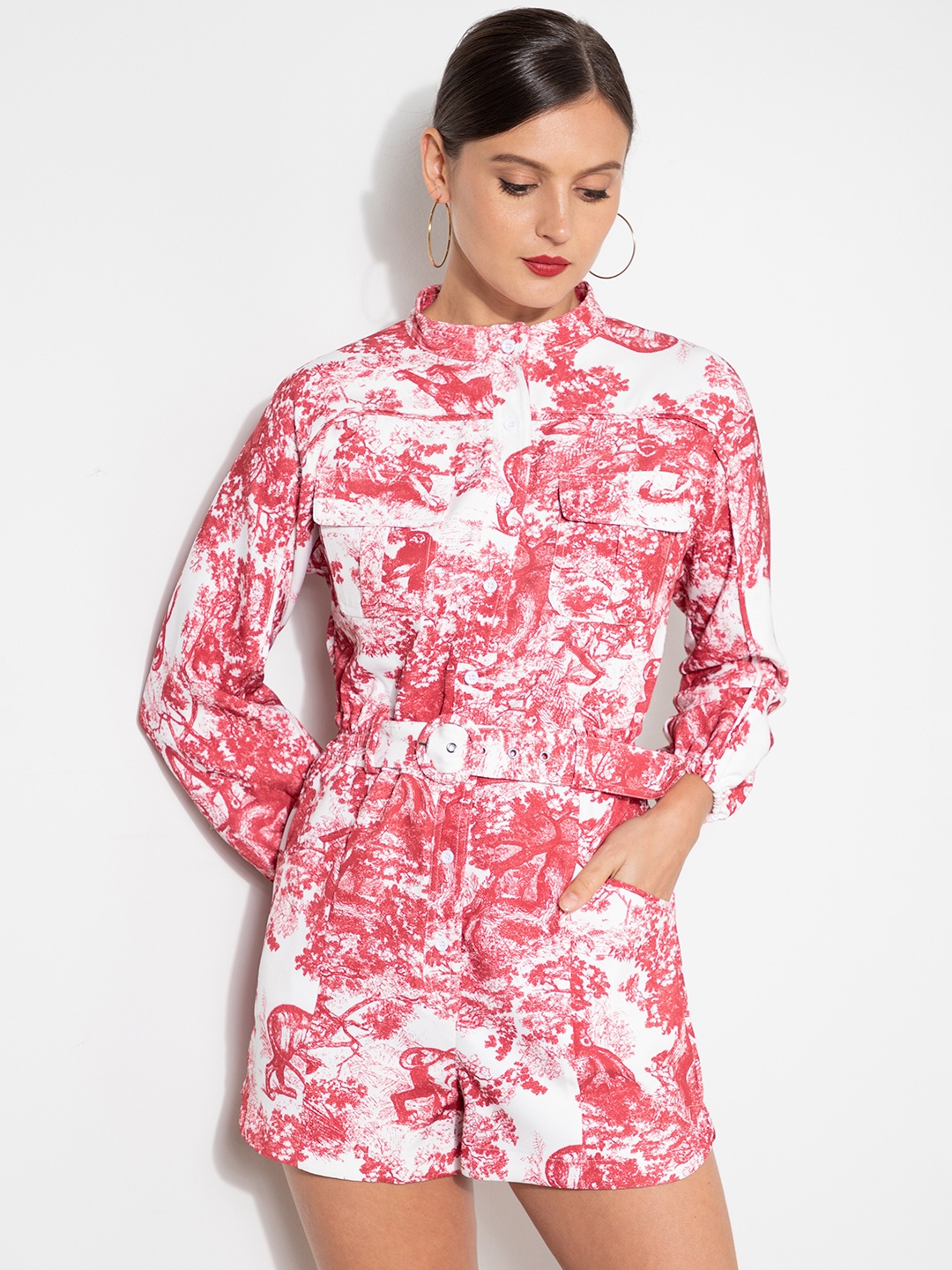 

ZALORA OCCASION Women White & Red Printed Mandarin Collar Playsuit