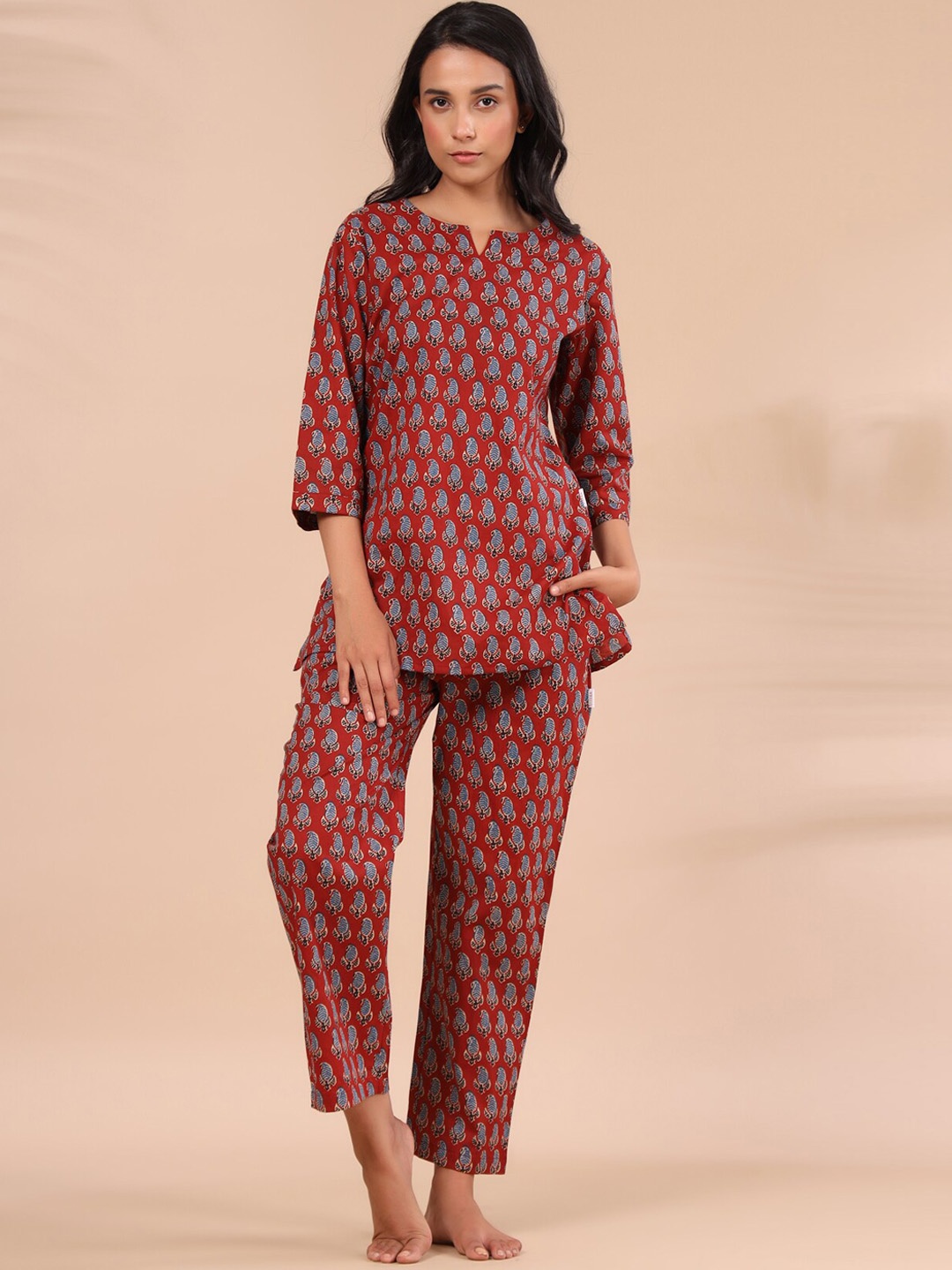 

JISORA Women Maroon Printed Night suit