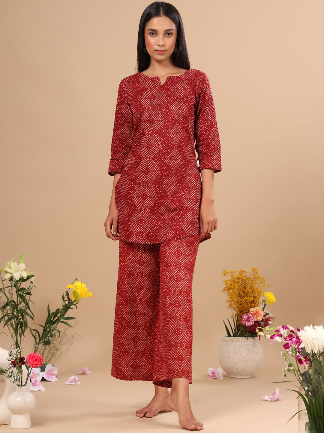 

JISORA Women Red Printed Night suit