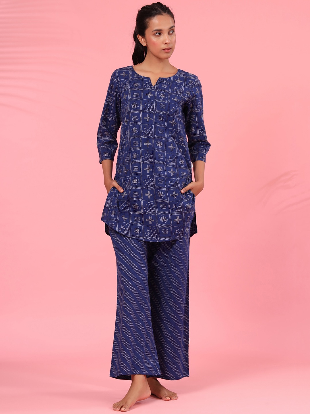 

JISORA Women Blue Printed Night suit