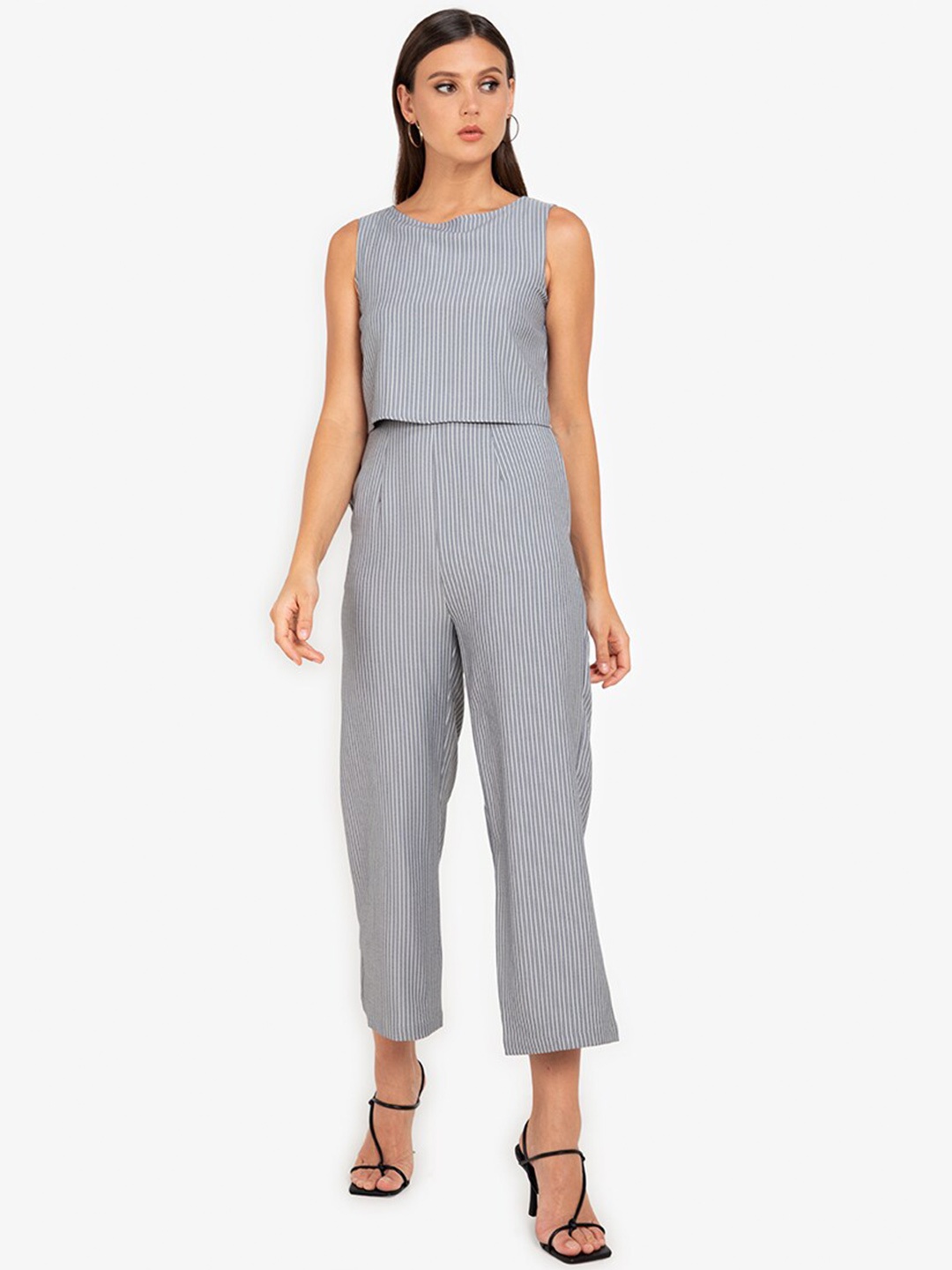 

ZALORA WORK Grey & White Striped Nursing Layered Jumpsuit