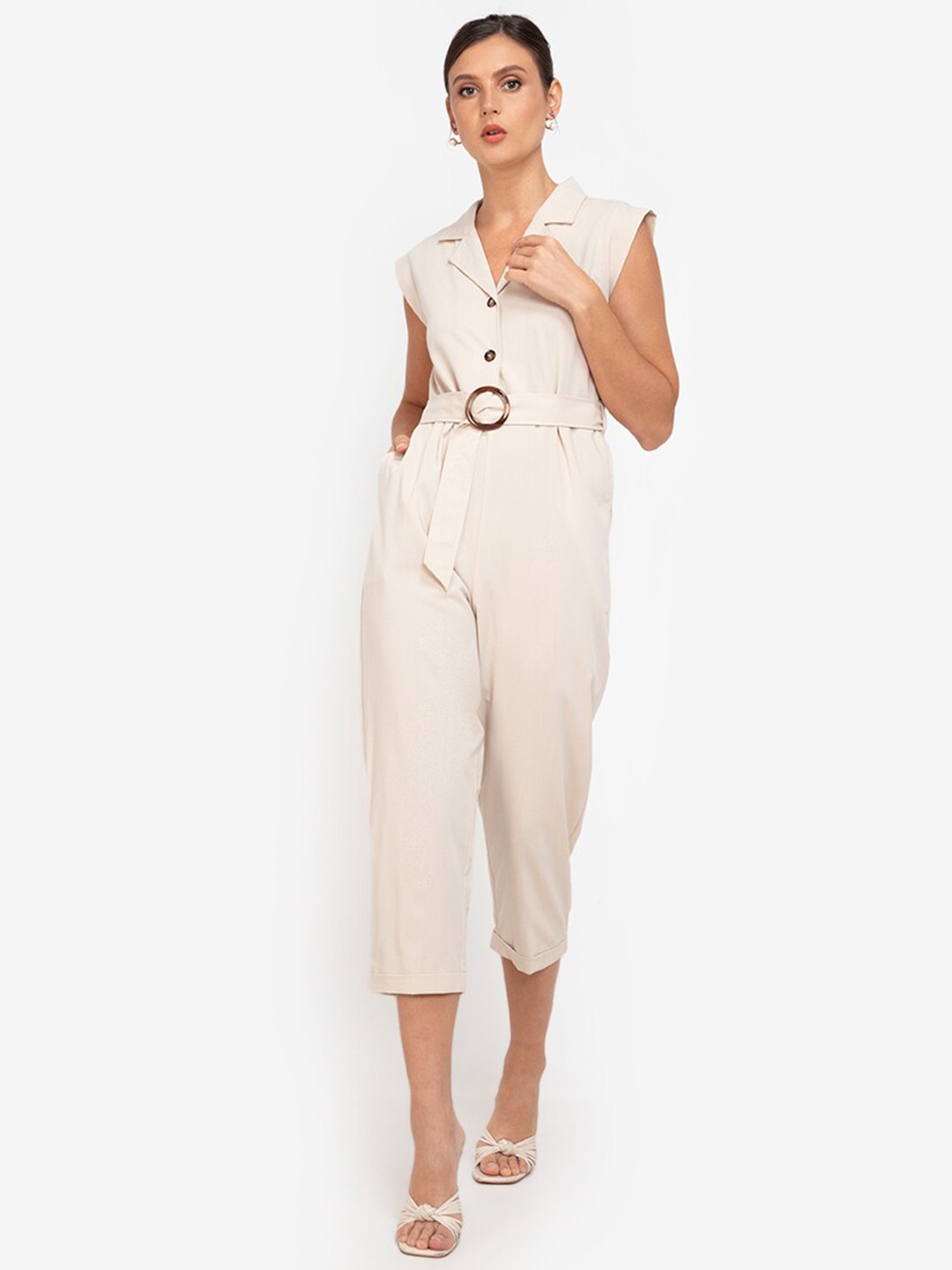 

ZALORA WORK Cream-Coloured Basic Belted Jumpsuit