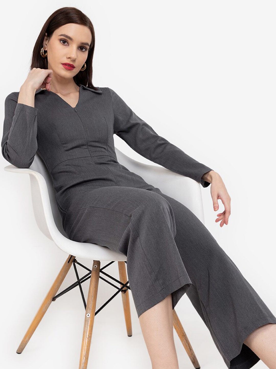 

ZALORA WORK Grey Spread Collar Basic Jumpsuit