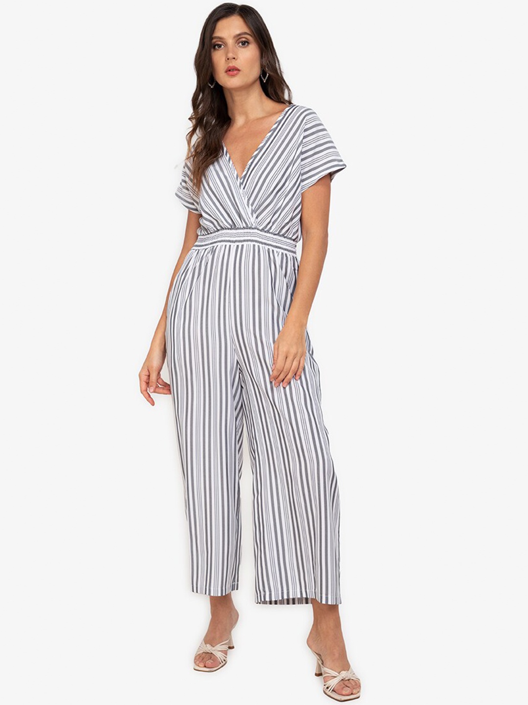 

ZALORA WORK Women Grey & White Striped Basic Jumpsuit