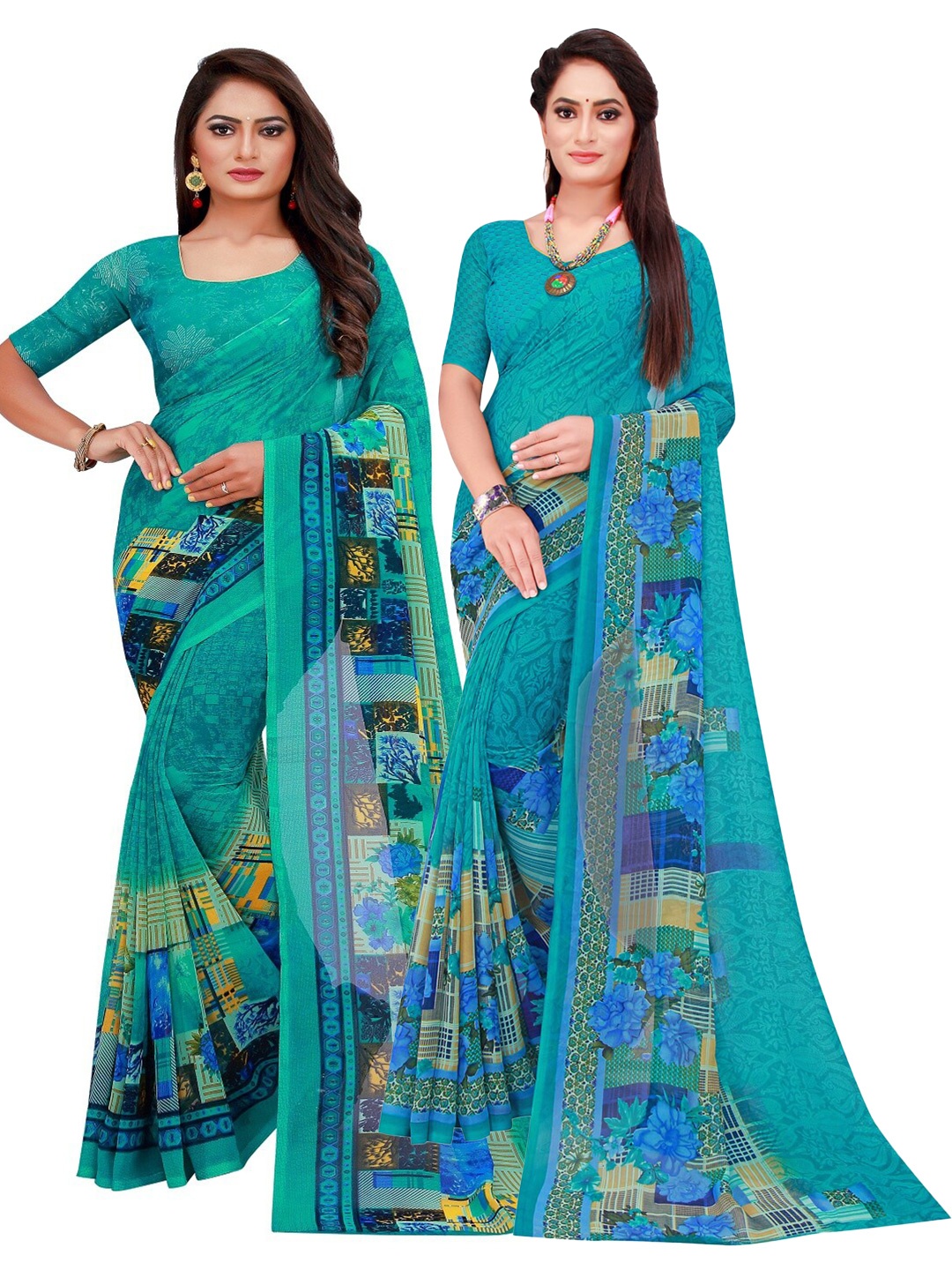 

KALINI Turquoise Blue & Green Printed Pure Georgette Saree