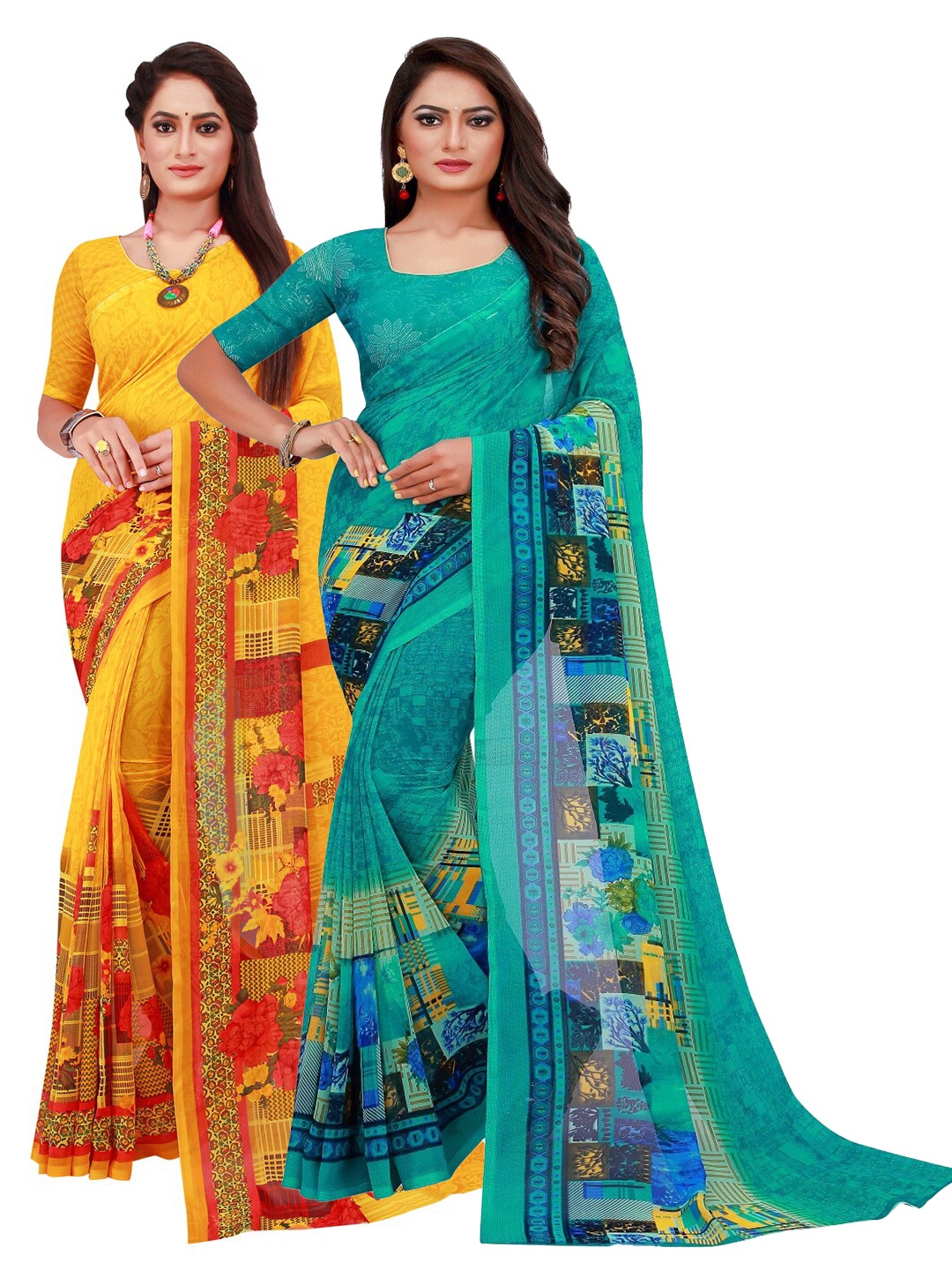 

KALINI Pack of 2 Printed Pure Georgette Sarees, Yellow