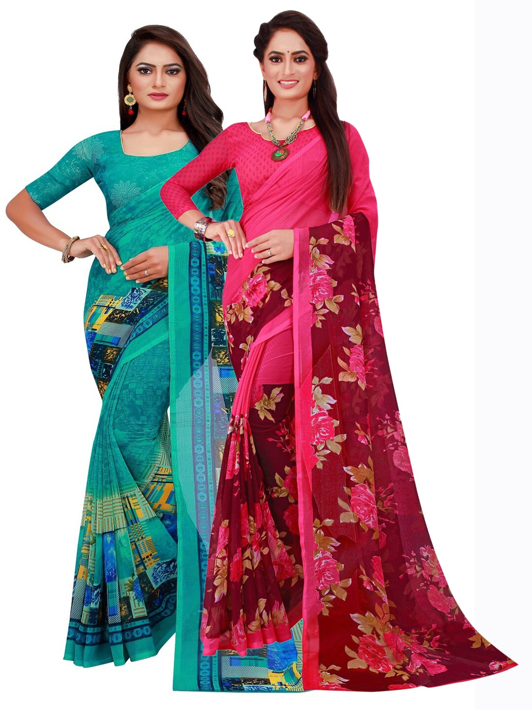 

KALINI Turquoise Blue & Pink Floral Pack of 2 Pure Georgette Saree