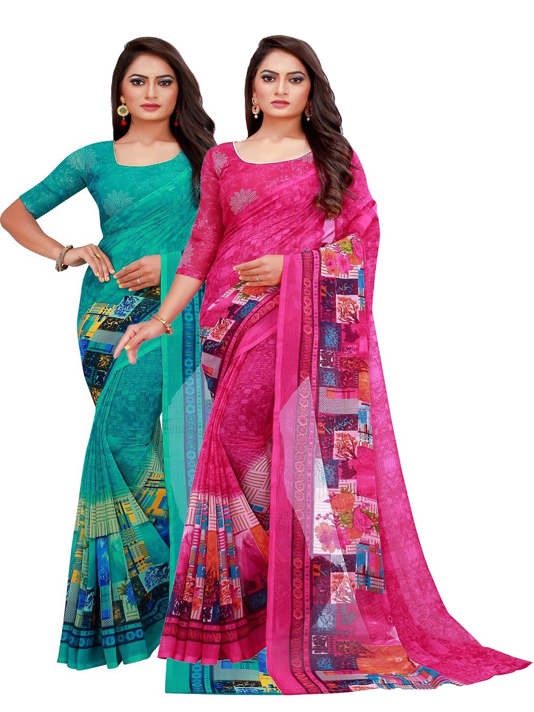 

KALINI Turquoise Blue & Magenta Floral Pack of 2 Pure Georgette Saree