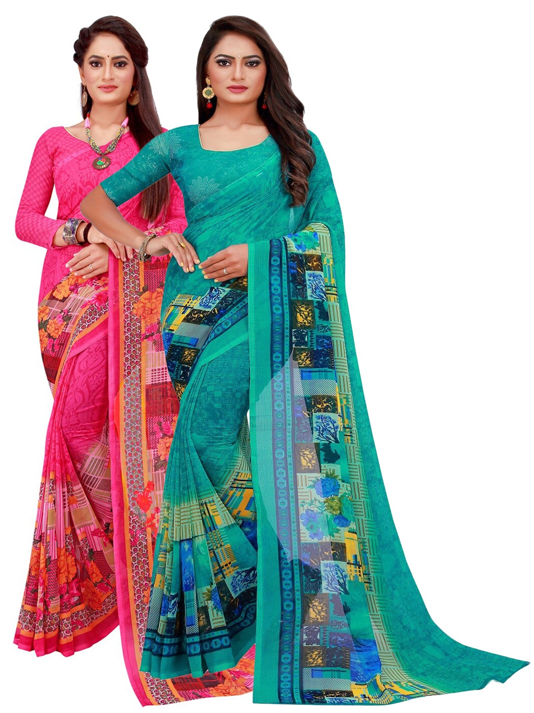 

KALINI Magenta & Sea Green Set of 2 Pure Georgette Saree