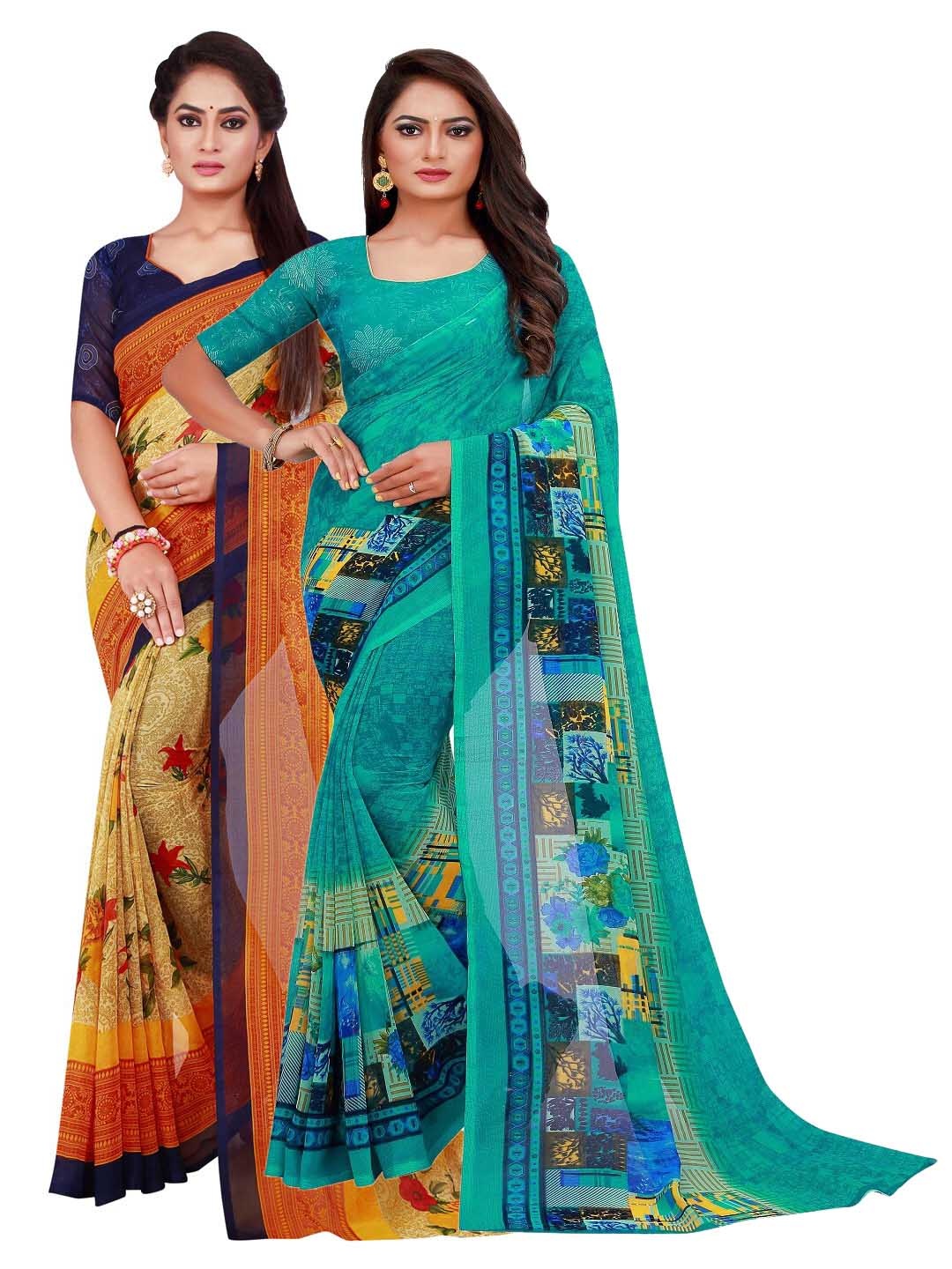 

KALINI Turquoise Blue & Beige Floral Pack of 2 Pure Georgette Saree