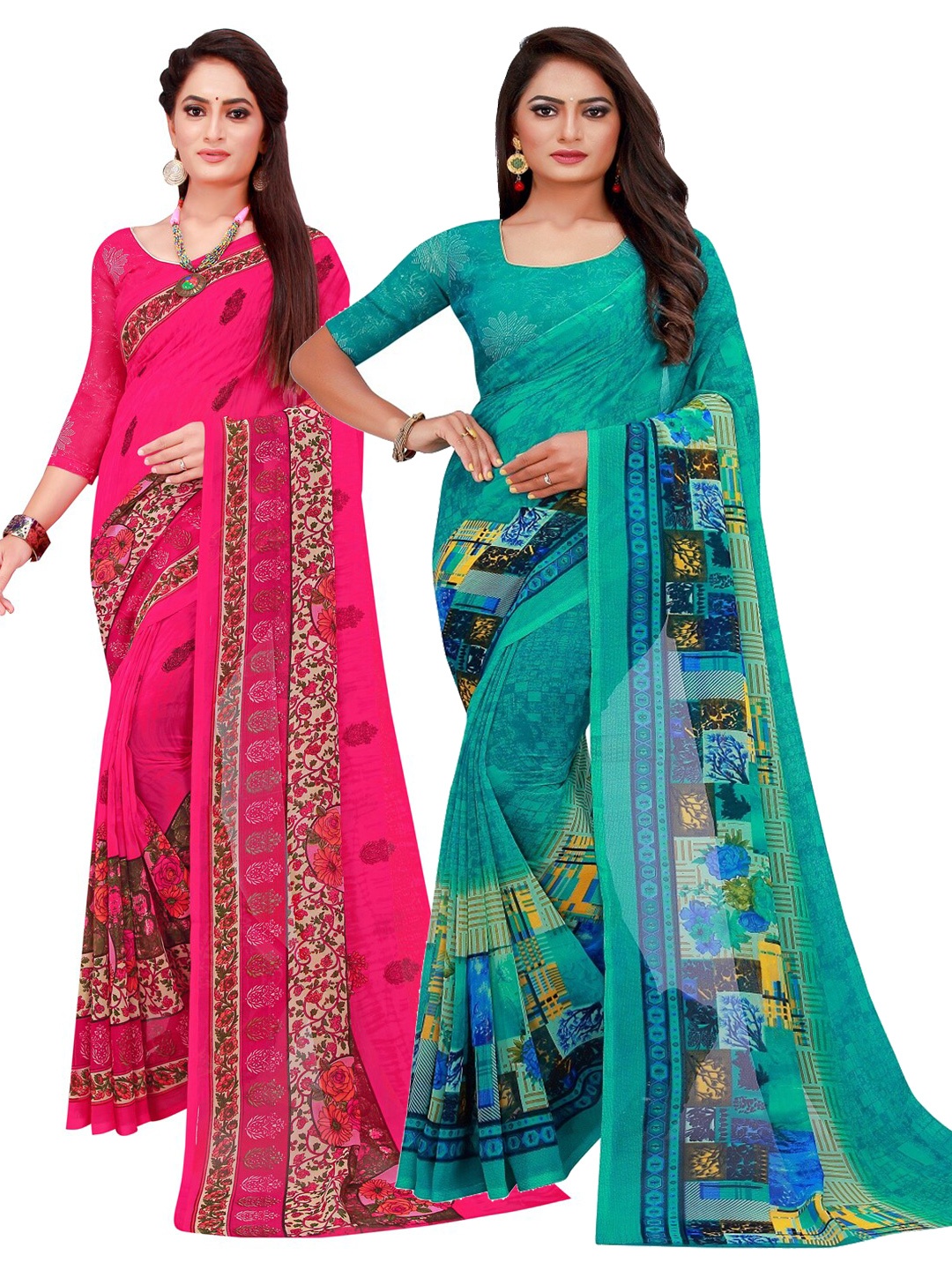 

KALINI Turquoise Blue & Pink Floral Pack of 2 Pure Georgette Saree