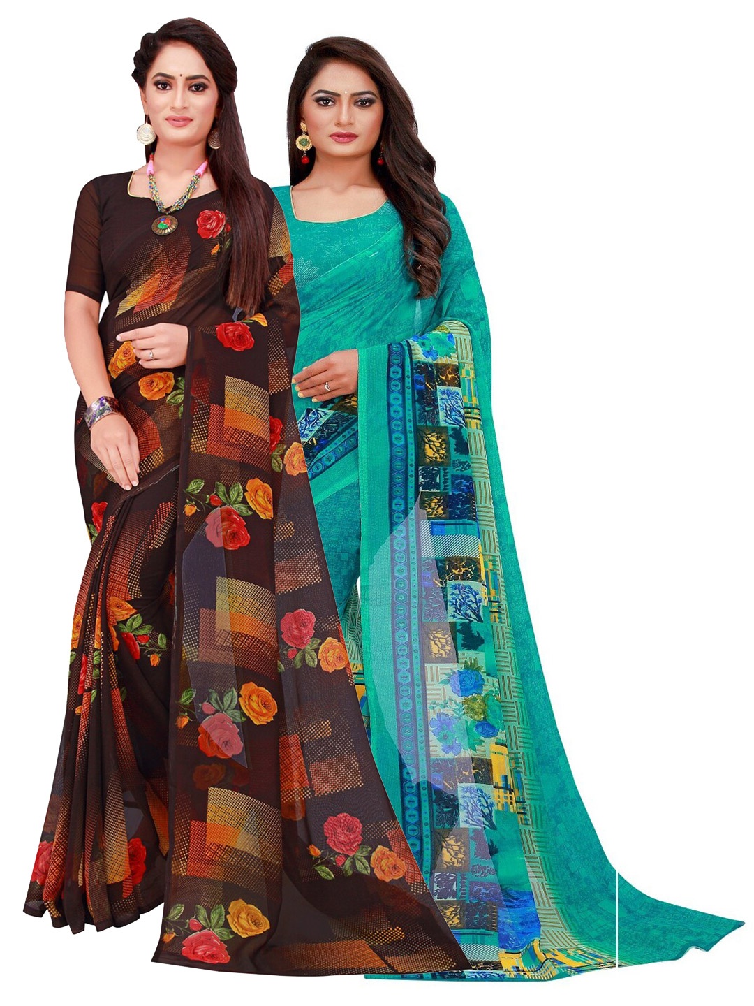 

KALINI Pack of 2 Turquoise Blue & Yellow Floral Printed Saree