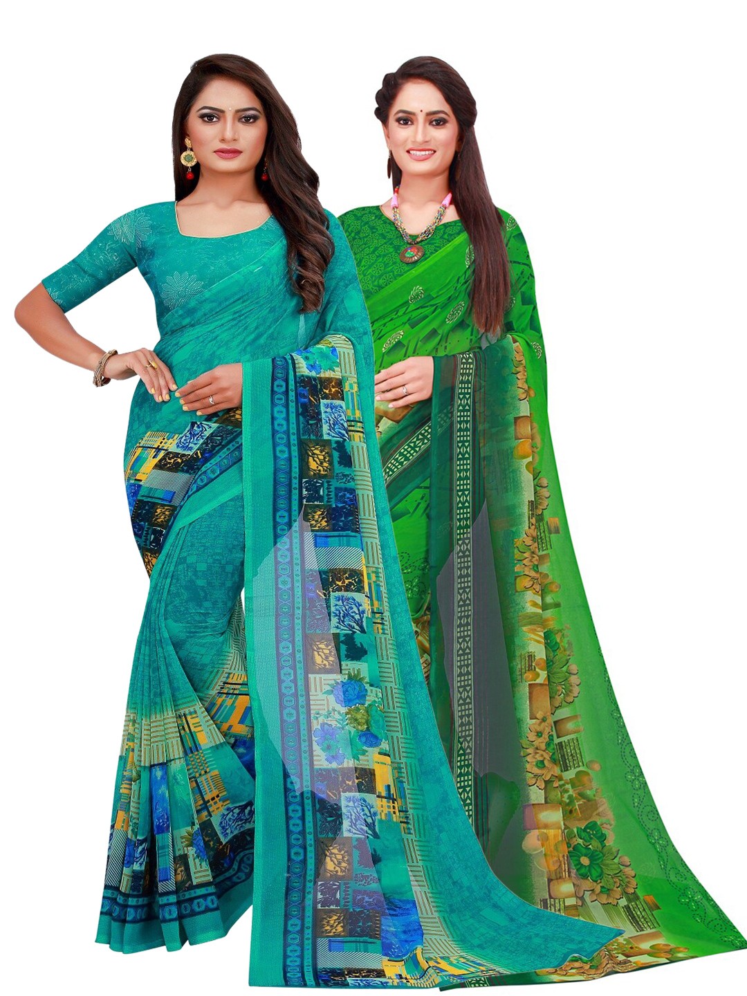 

KALINI Turquoise Blue & Green Set of 2 Pure Georgette Saree