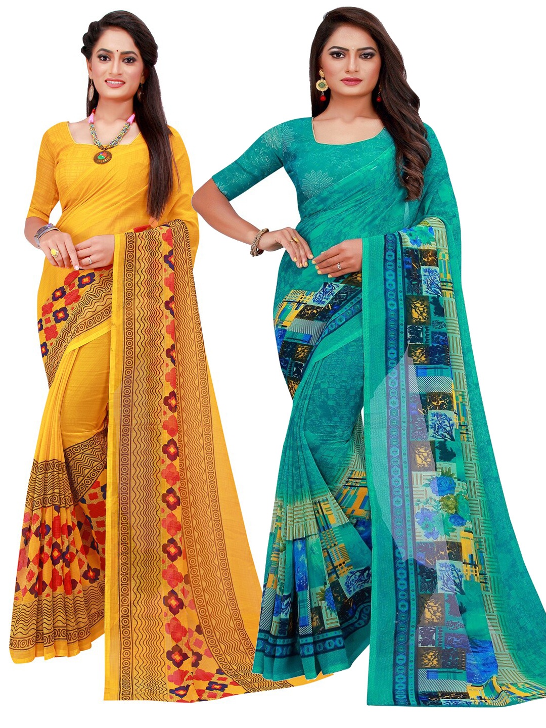 

KALINI Turquoise Blue & Yellow Printed Pure Georgette Saree