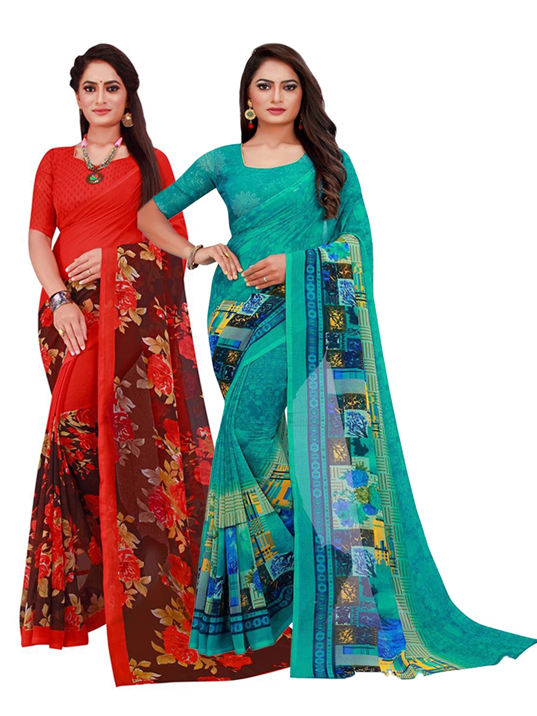 

KALINI Turquoise Blue & Red Set of 2 Pure Georgette Saree