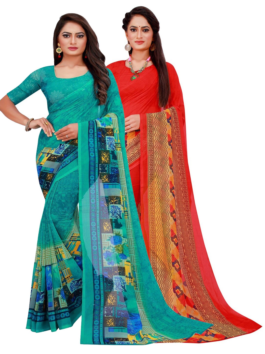 

KALINI Set of 2 Red & Sea Green Pure Georgette Saree