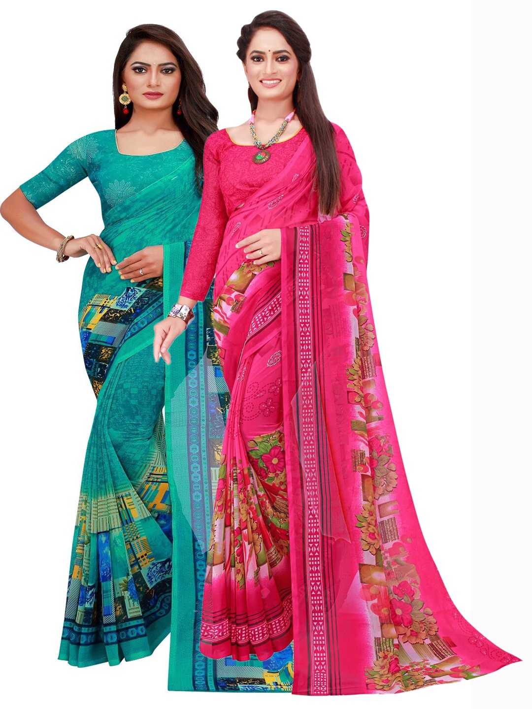 

KALINI Pack of 2 Green & Yellow Printed Saree