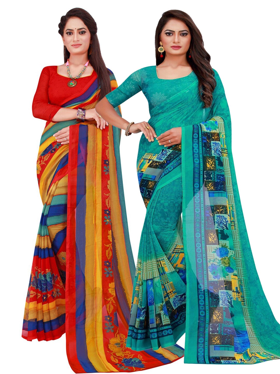 

KALINI Turquoise Blue & Red Printed Pure Georgette Saree