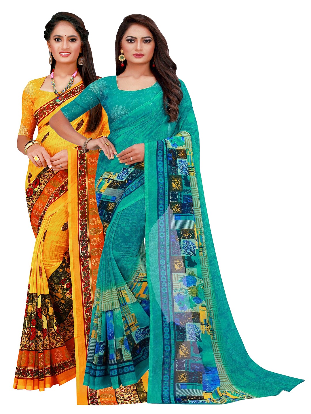 

KALINI Turquoise Blue & Yellow Printed Pure Georgette Saree