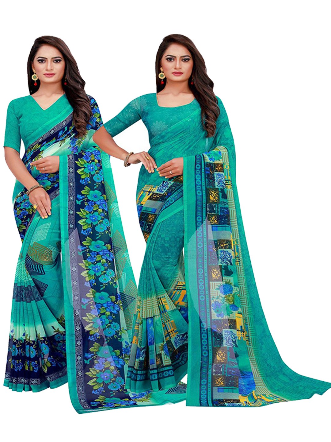 

KALINI Pack of 2 Turquoise Blue & Green Floral Printed Saree
