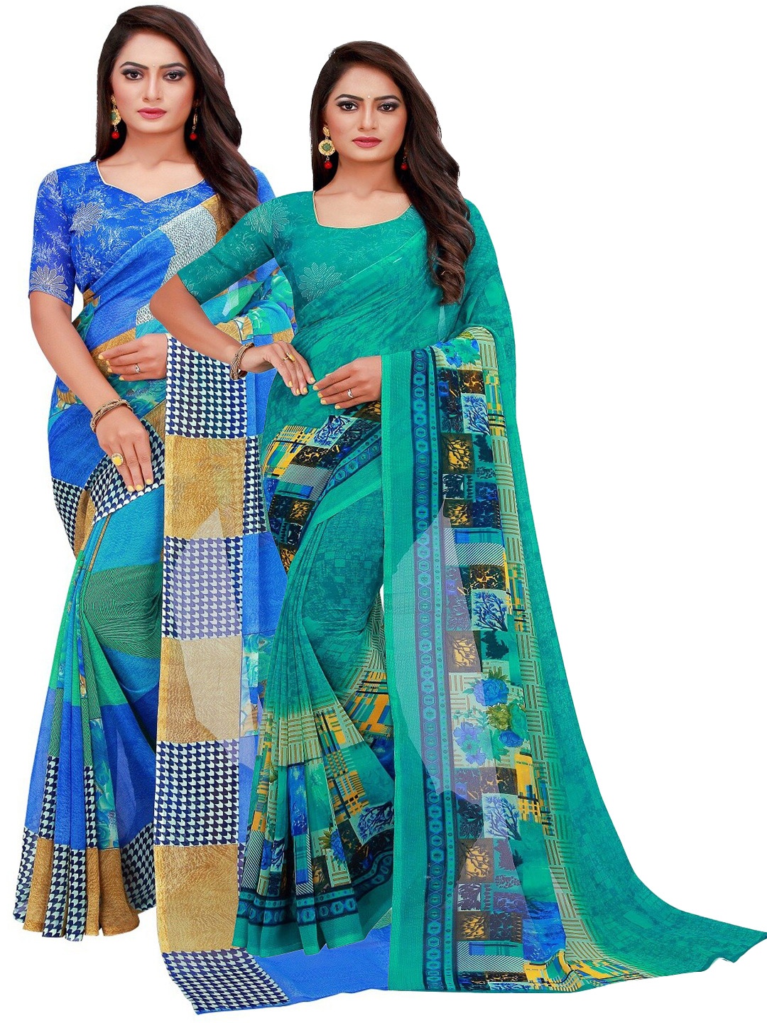

KALINI Set of 2 Blue & Sea Green Pure Georgette Saree