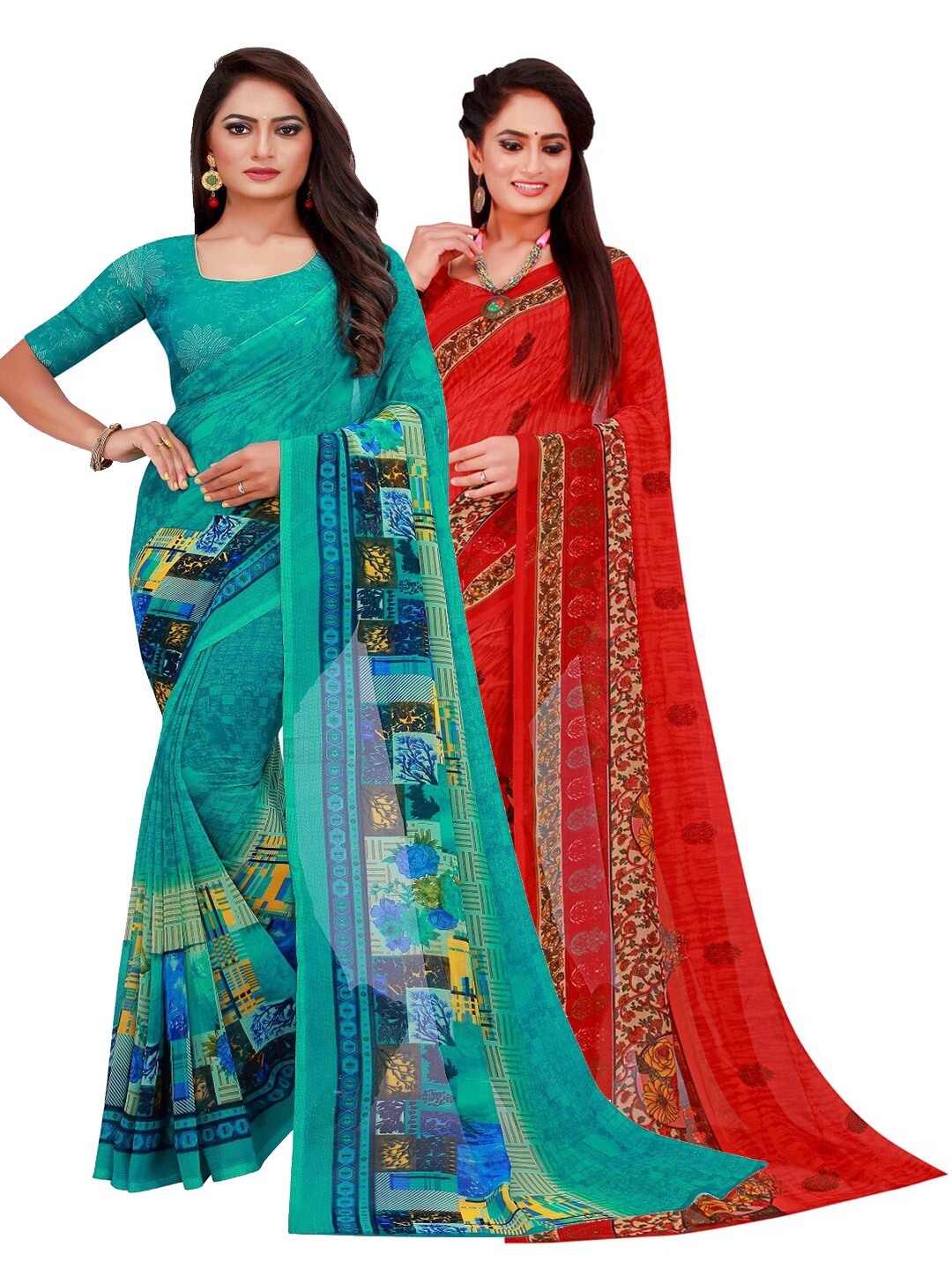 

KALINI Pack of 2 Turquoise Blue & Yellow Printed Saree