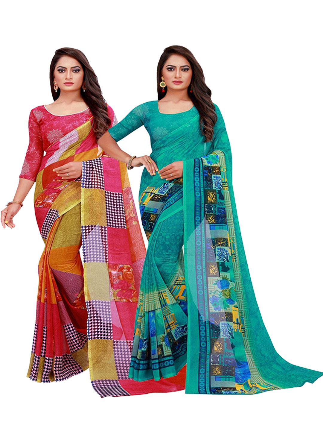 

KALINI Pack of 2 Pure Georgette Sarees, Red