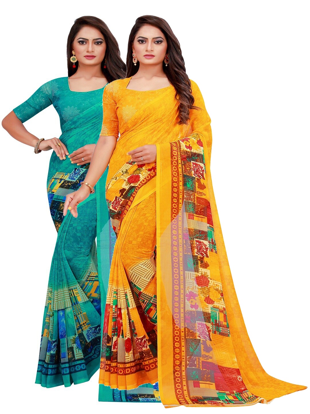 

KALINI Pack of 2 Turquoise Blue & Yellow Printed Saree