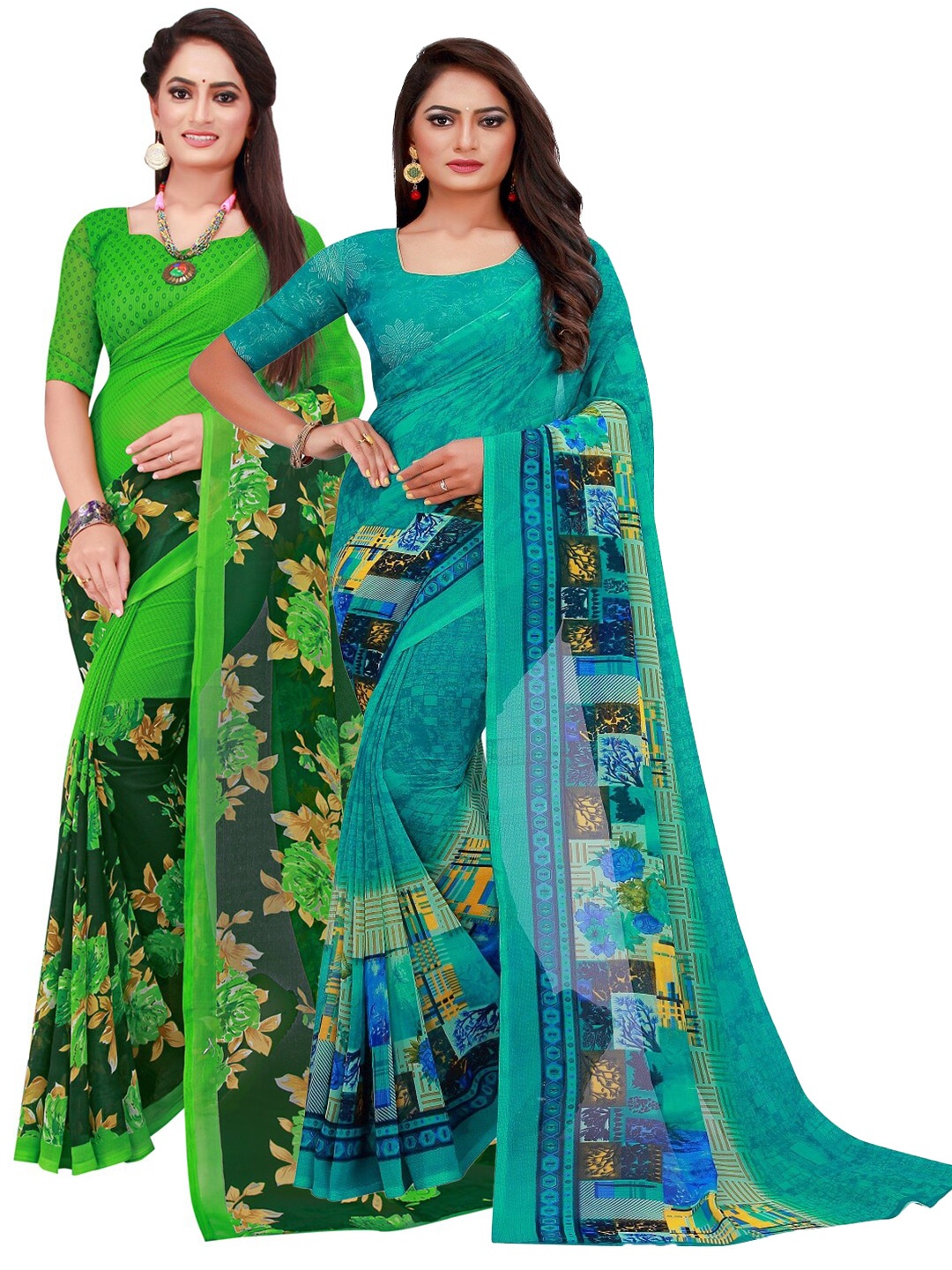 

KALINI Turquoise Blue & Green Printed Pure Georgette Saree