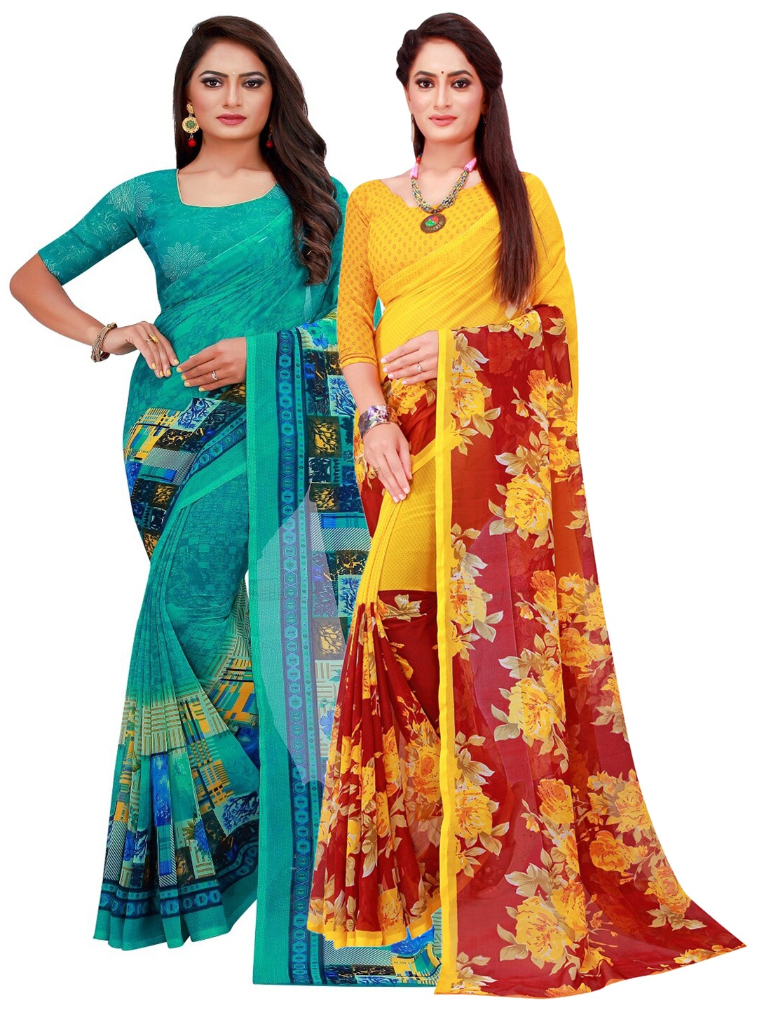 

KALINI Turquoise Blue & Red Geometric Printed Pack of 2 Pure Georgette Saree