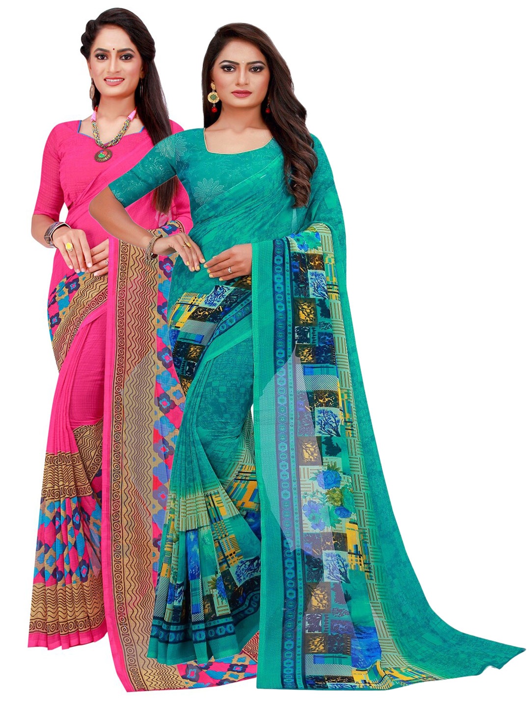 

KALINI Magenta & Turquoise Geometric Print Pack of 2 Pure Georgette Saree