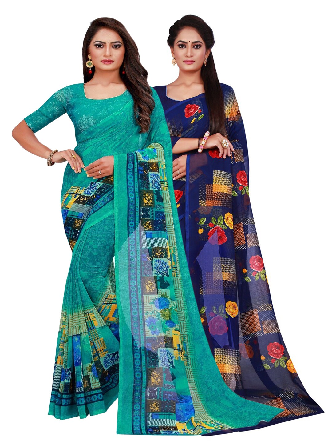 

KALINI Sea Green & Navy Blue Set of 2 Pure Georgette Saree