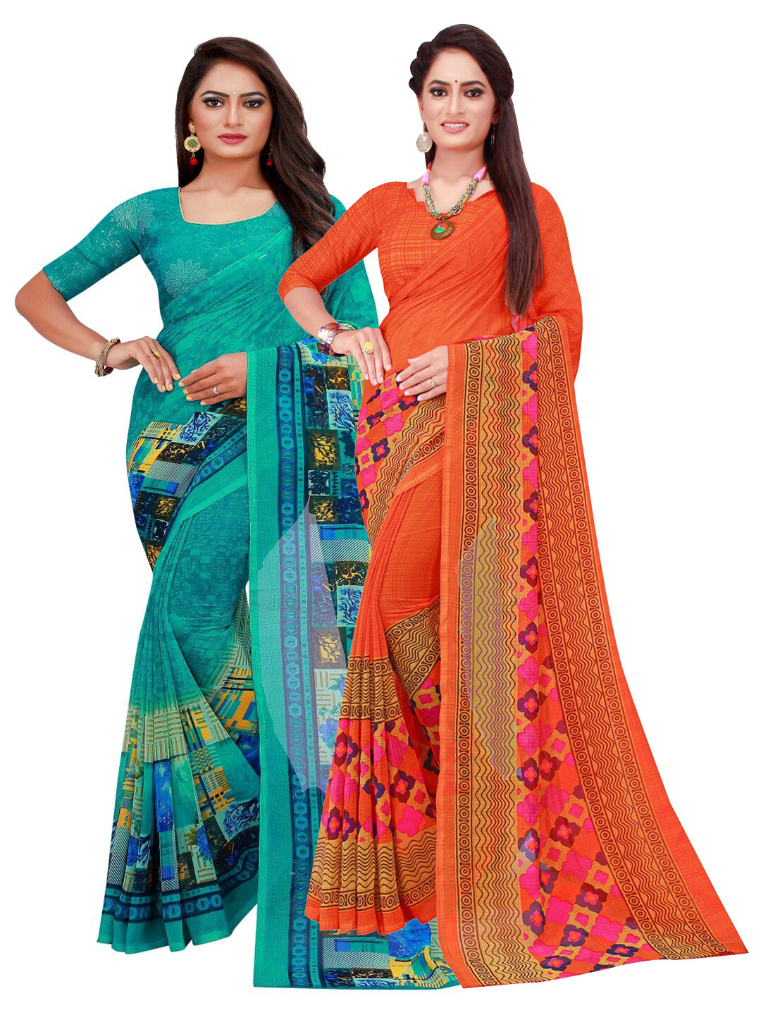 

KALINI Orange & Blue Printed Pure Georgette Saree