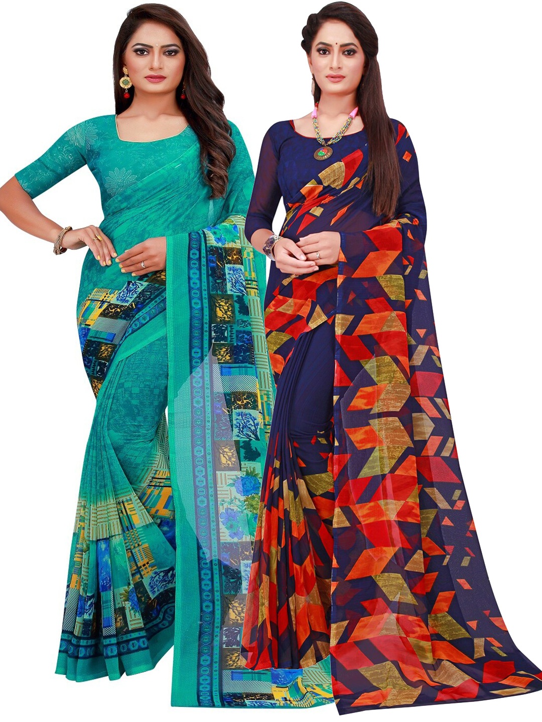 

KALINI Navy Blue & Turquoise Blue Printed Pure Georgette Saree