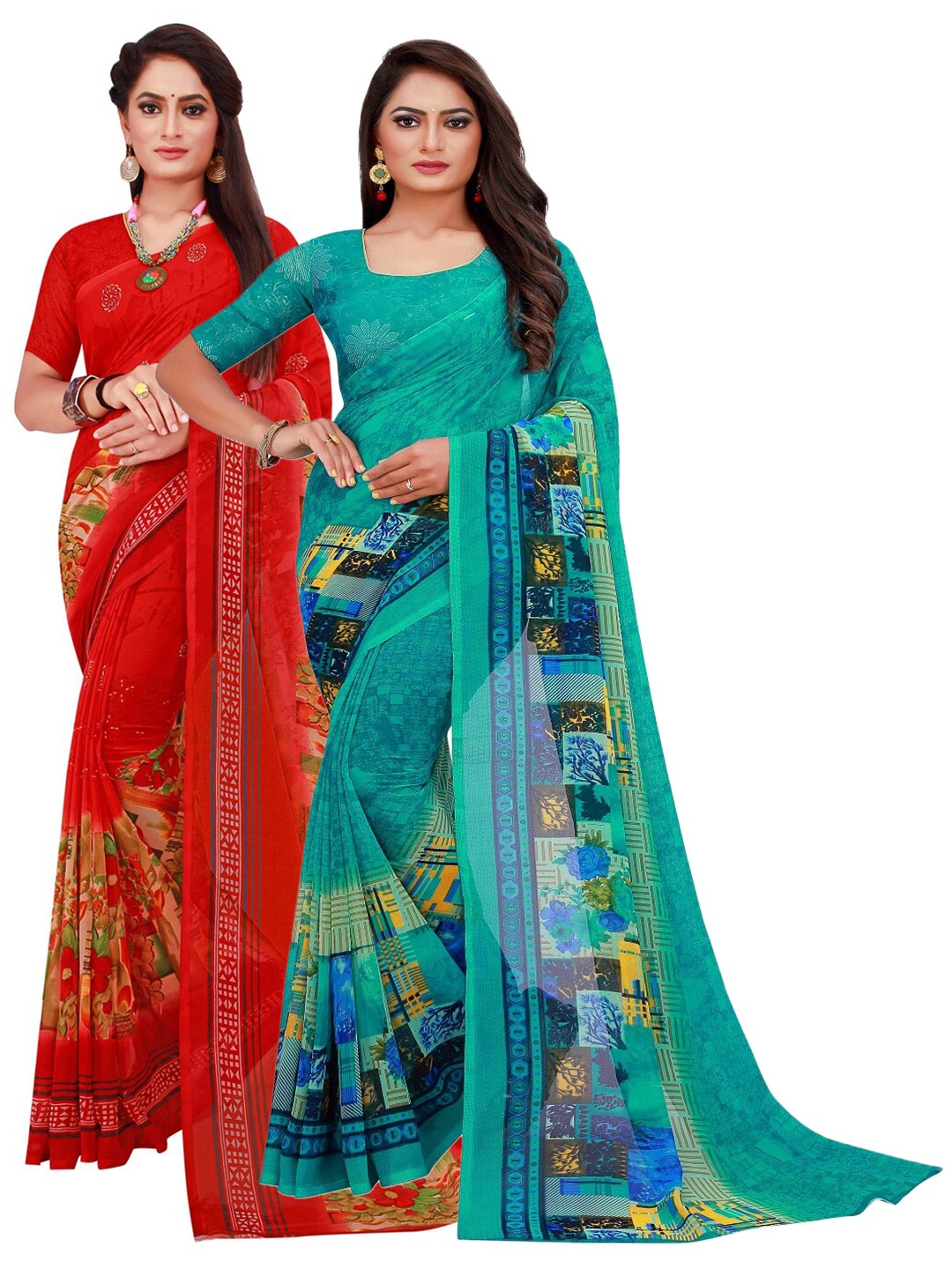 

KALINI Pack of 2 Printed Pure Georgette Sarees, Red