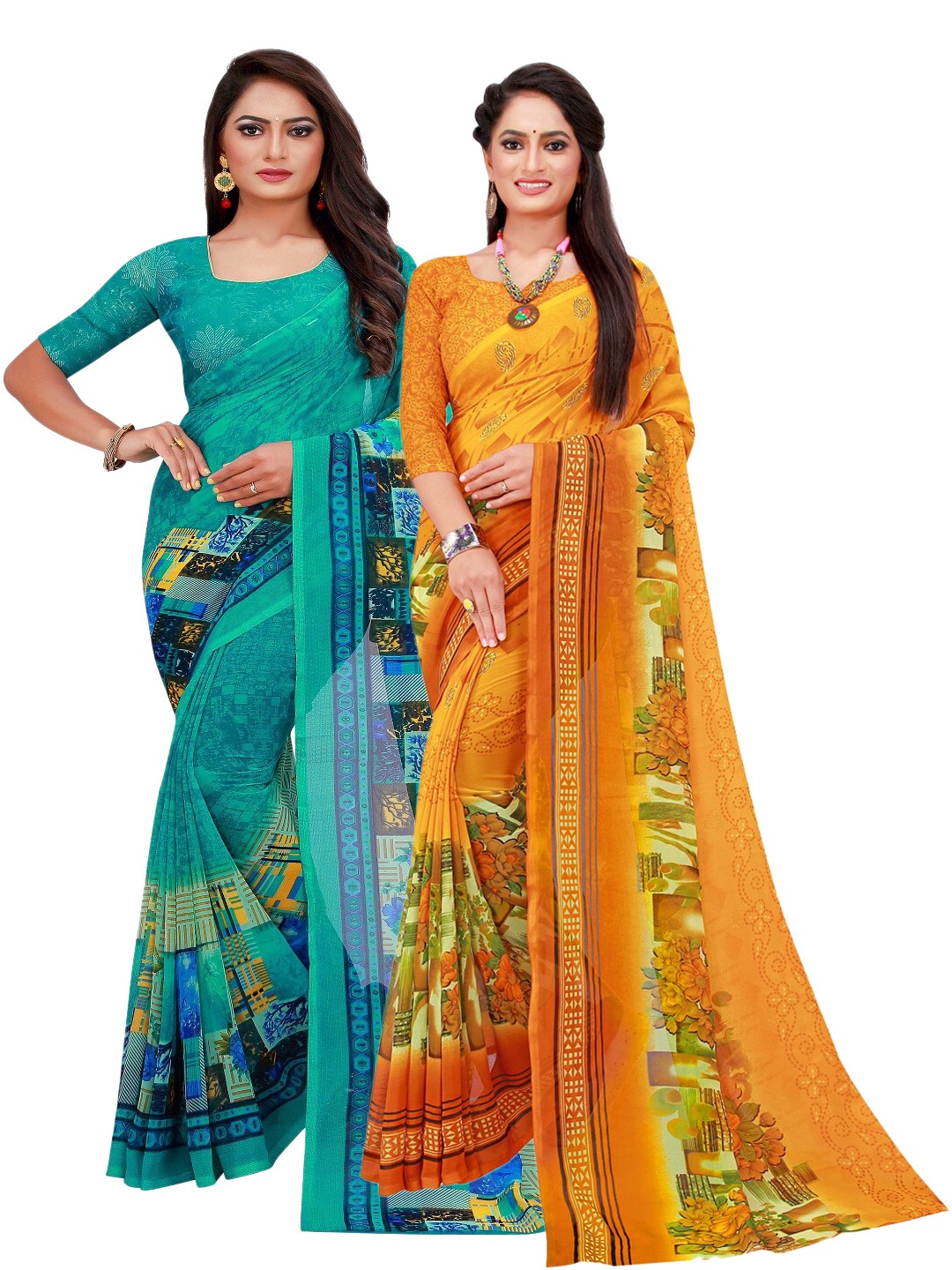 

KALINI Pack of 2 Printed Pure Georgette Sarees, Turquoise blue