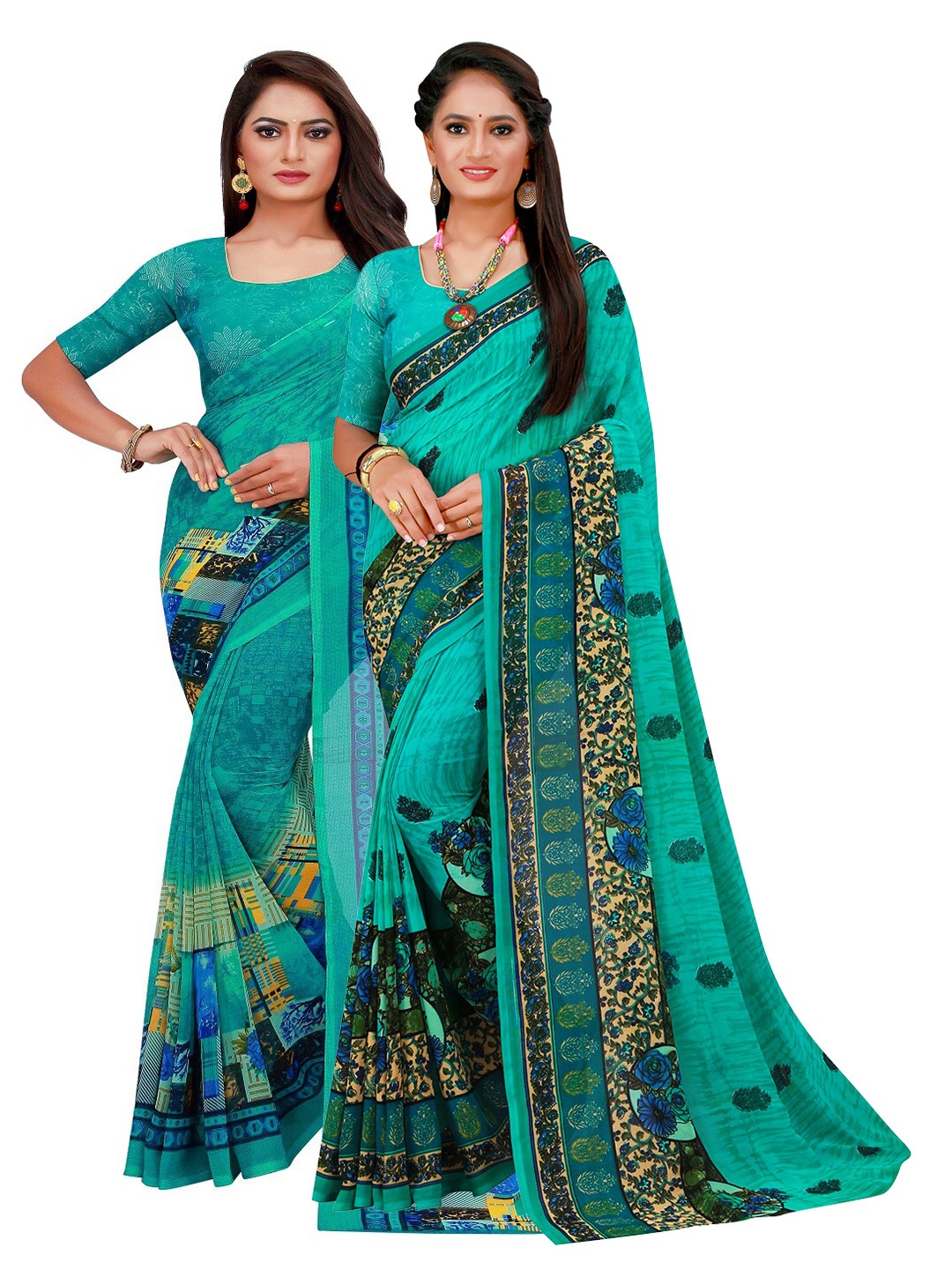 

KALINI Pack of 2 Green & Blue Printed Saree